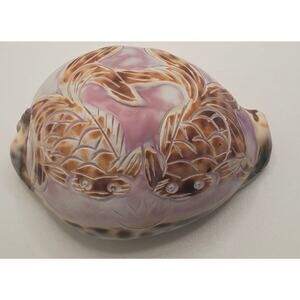 Hand Carved Cowrie Sea Shell Fancy Fish Crown Lavender Brown 3.5 Inches Long